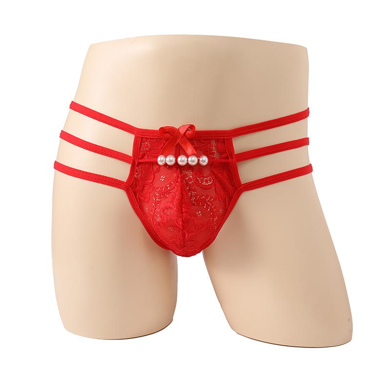 Sissy Pouch Lingerie Panties Men Pearl Bowknot Lace Panties Erotic See Through Thong Sex Naughty Gay Fetis Erotic Underwear