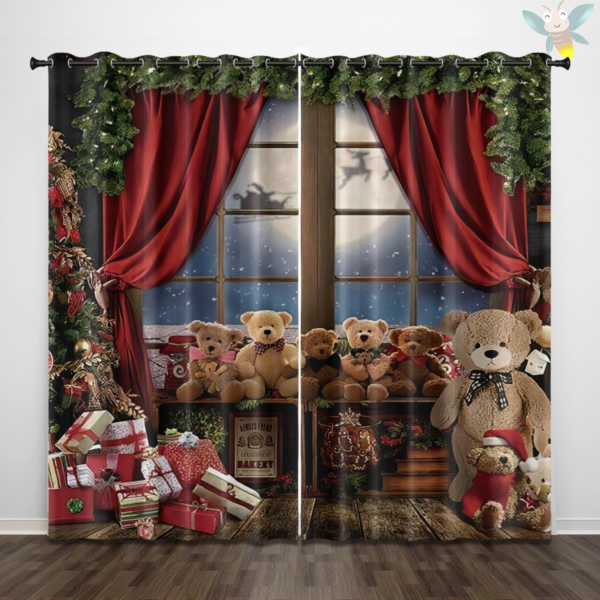 2 Stück Weihnachts-Hintergrunddekoration mit Weihnachtsmann-Muster bedruckte Vorhänge, verwendet für Schlafzimmer und Wohnzimmer 140x160cm&Grommet Top gray