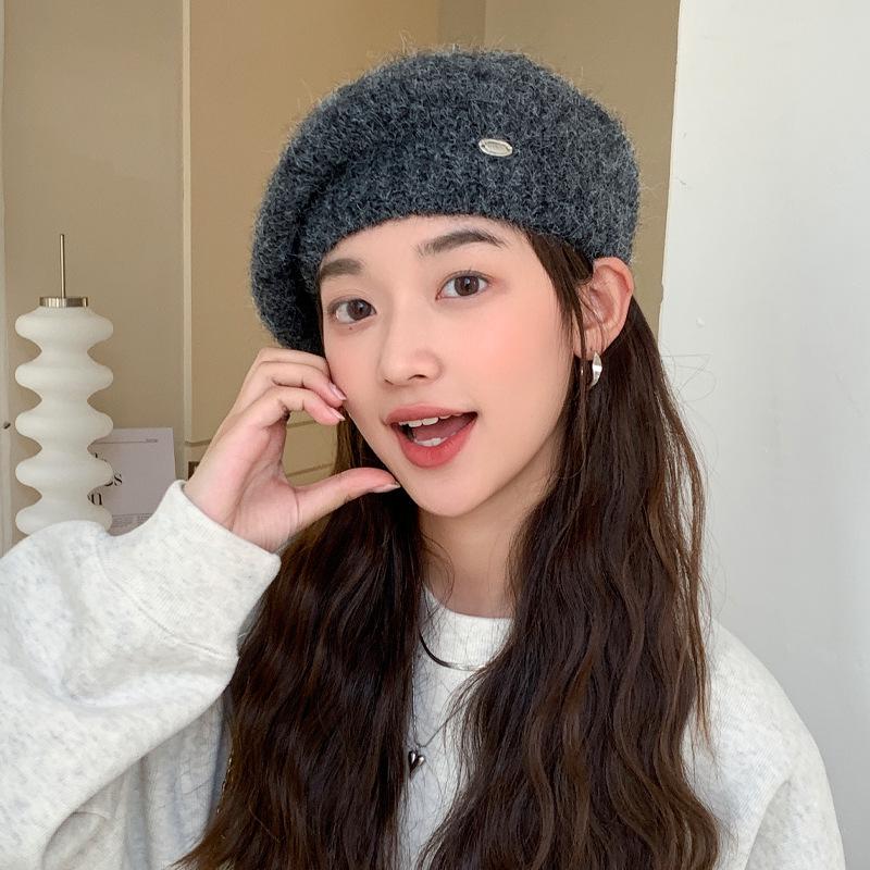 Women's Korean Style Woolen Beret: Versatile, Solid Color, Knitted, Warm, Windproof, with Metal Label for Autumn and Winter