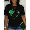 European Size Plus Size, Women's Plus Size St. Patrick's Day & Valentine's Day Black T-Shirt-Crew Neck Short Sleeve with Sparkling Clover&Heart Design