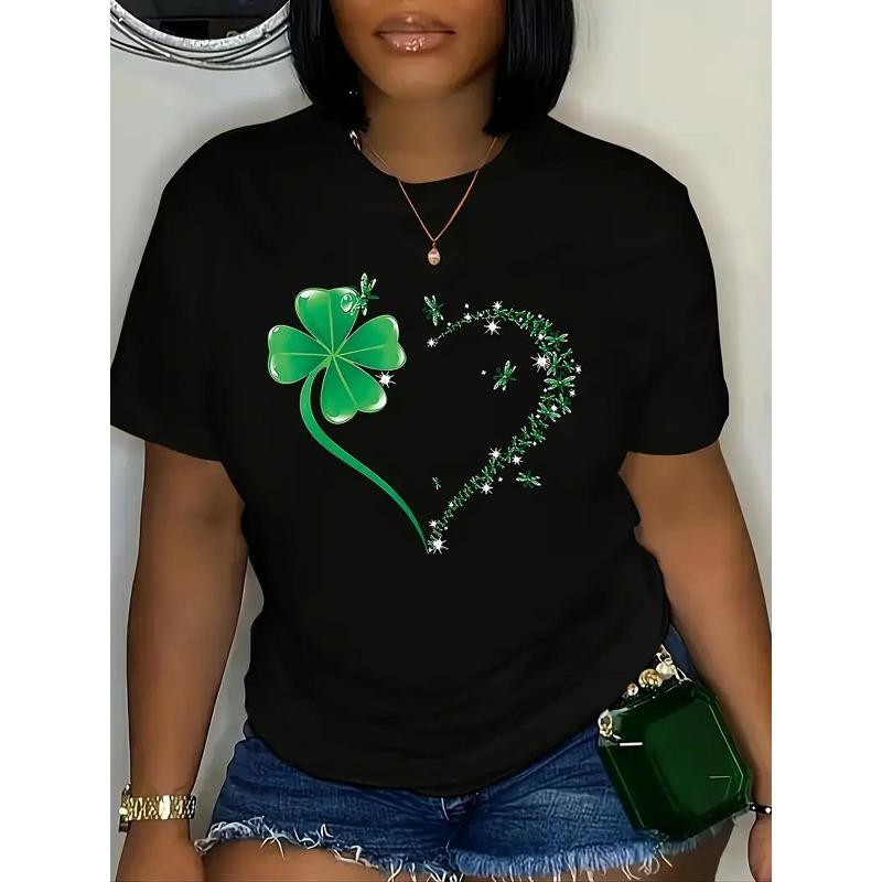 European Size Plus Size, Women's Plus Size St. Patrick's Day & Valentine's Day Black T-Shirt-Crew Neck Short Sleeve with Sparkling Clover&Heart Design