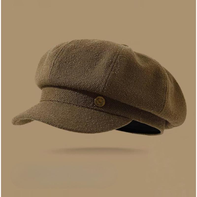 Korean Version of Autumn and Winter New Hat for Women with High End Metallic Octagonal Hat Black Retro Duck Tongue Beret Trendy