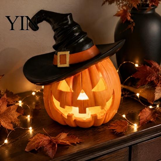 Haunted House Requisiten Halloween Kürbis Ornament mit Hexenhut, Harz Jack O Lantern Dekorative Lampe, Atmosphärische Raumaccessoires Gruseliges Gesicht Figur
