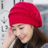 Fashionable Beret Hat With Plush Rabbit Furs Flower Decors Pullover Brimless Hat for Women Office Winter Head Accessory