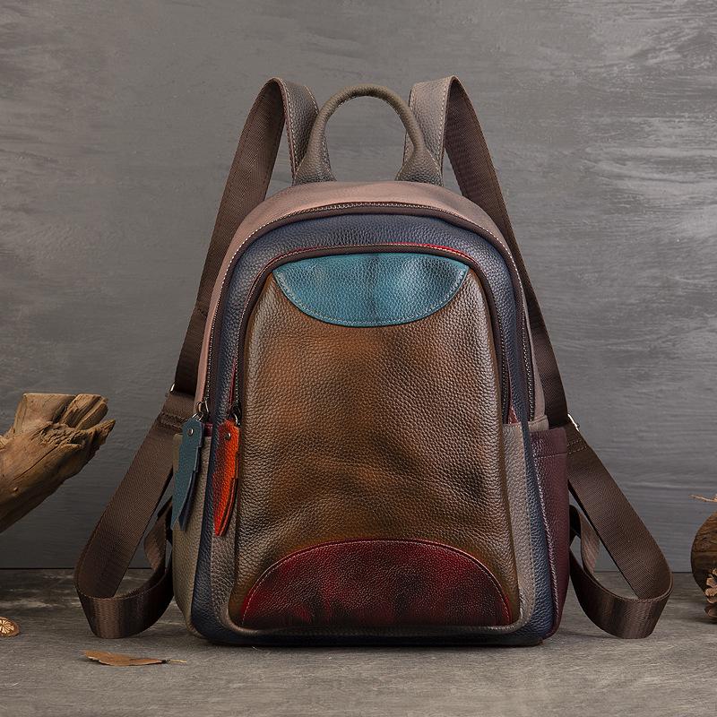 Handmade Color-Blocked Leather Backpack - Soft Cowhide, Large Capacity, Double Shoulder Travel Bag