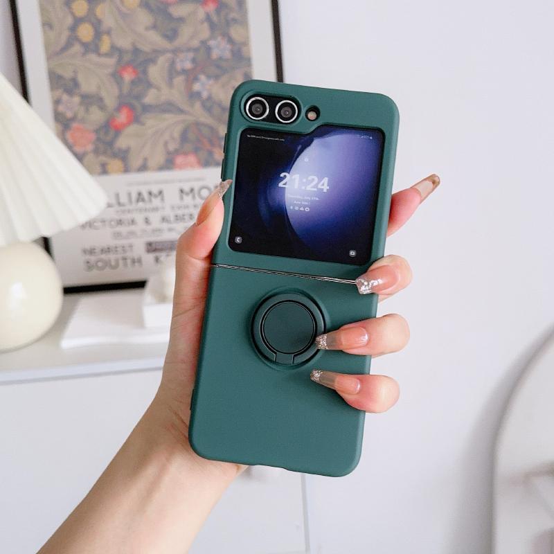 Luxury Solid Color Liquid Silicone 360°Rotating Ring Holder Folding Phone Case For Samsung Galaxy Z Flip 6 5 4 3 Soft Back Cover