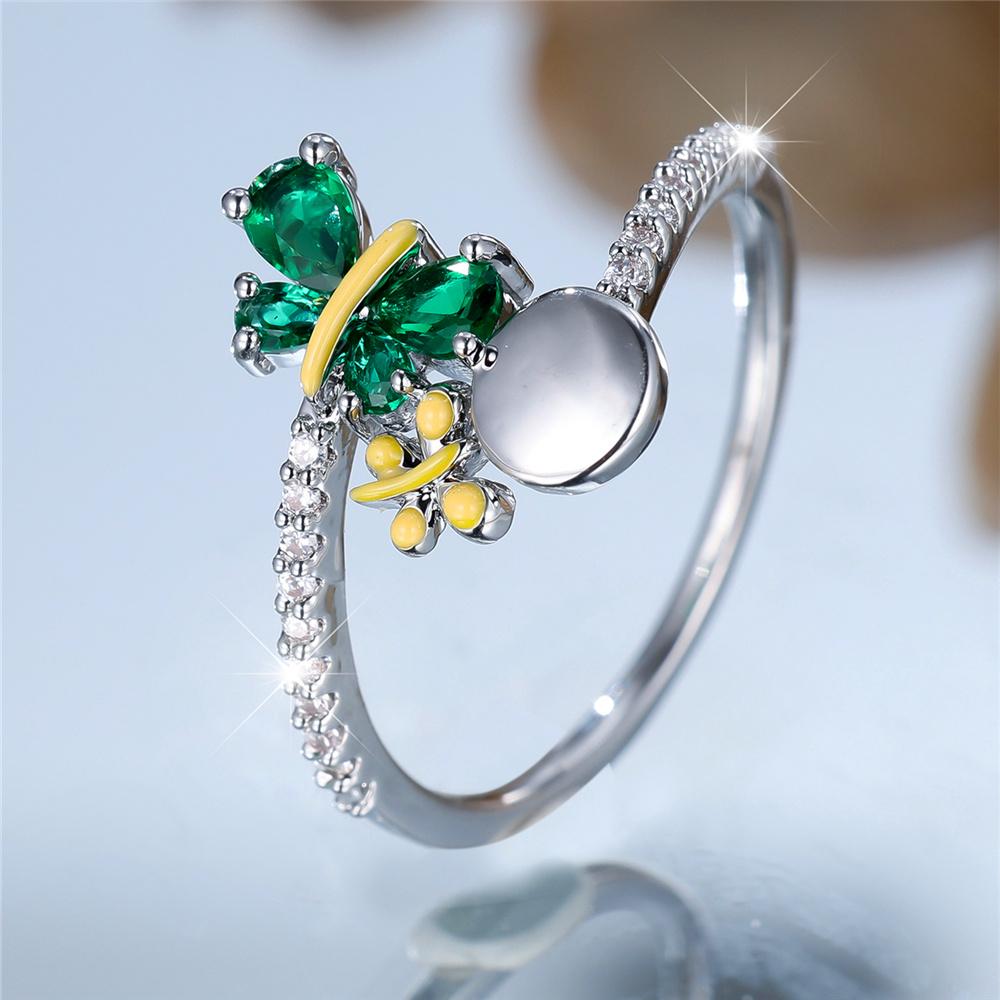 Luxury Female Small Green Zircon Stone Butterfly Ring Silver Color Elegant Gift Wedding Jewelry For Women