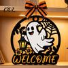 Autumn Seasonal Welcome Decor Halloween Ghost Pumpkin Round Wooden Door Hanger, Wall Plaque Handmade Holiday Gifts for Friends with Rope, Hanging