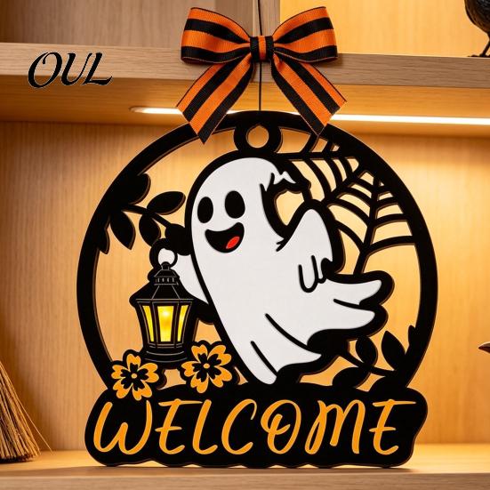 Autumn Seasonal Welcome Decor Halloween Ghost Pumpkin Round Wooden Door Hanger, Wall Plaque Handmade Holiday Gifts for Friends with Rope, Hanging