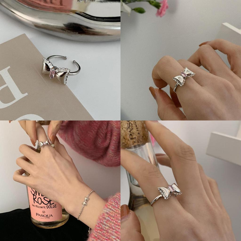 Exquisite Korean Daejeon Design Pink Diamond Bow Tie Ring Adjustable Size For Women