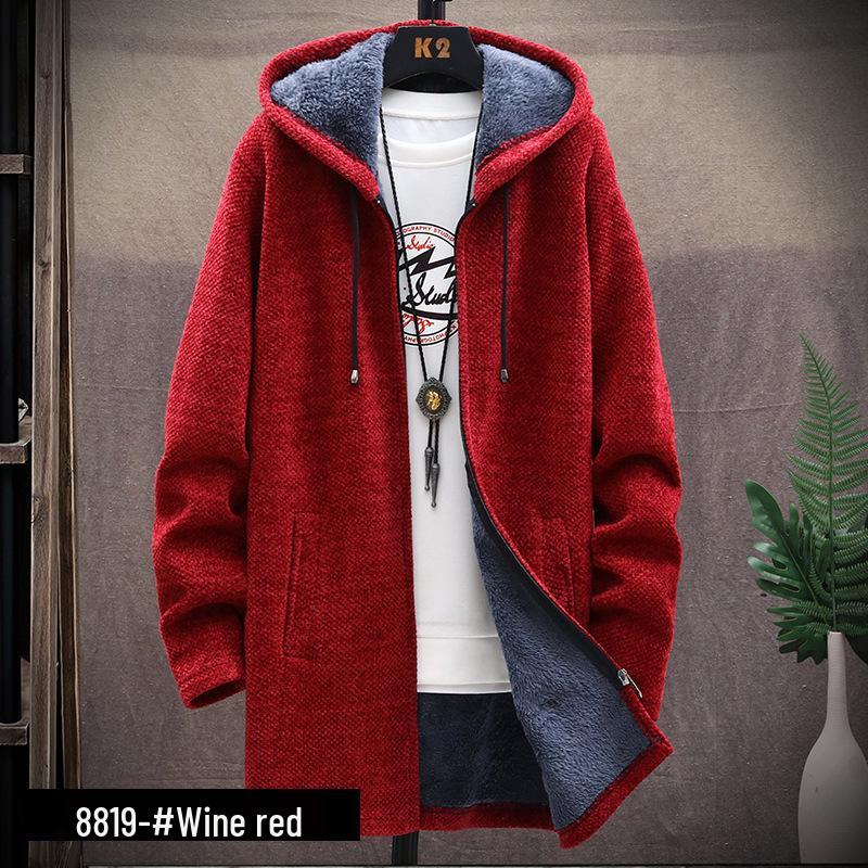 Men's Plus Velvet Thick Cardigan Sweater - Long Hooded Knitwear for Autumn/Winter
