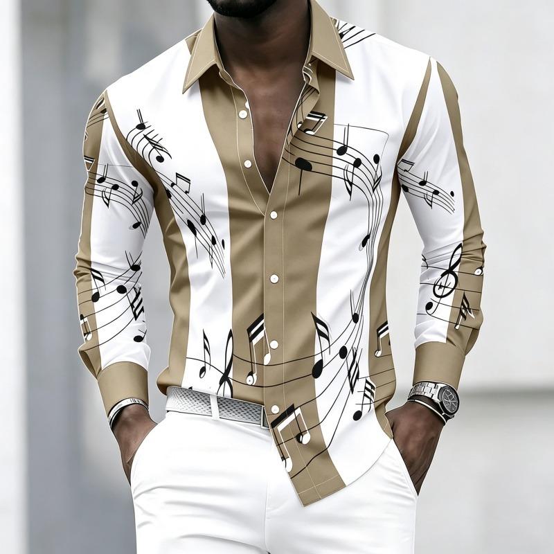Men's Collared Shirt with Creative Musical Note Print, Trendy Long-sleeved Casual Top for Everyday Wear