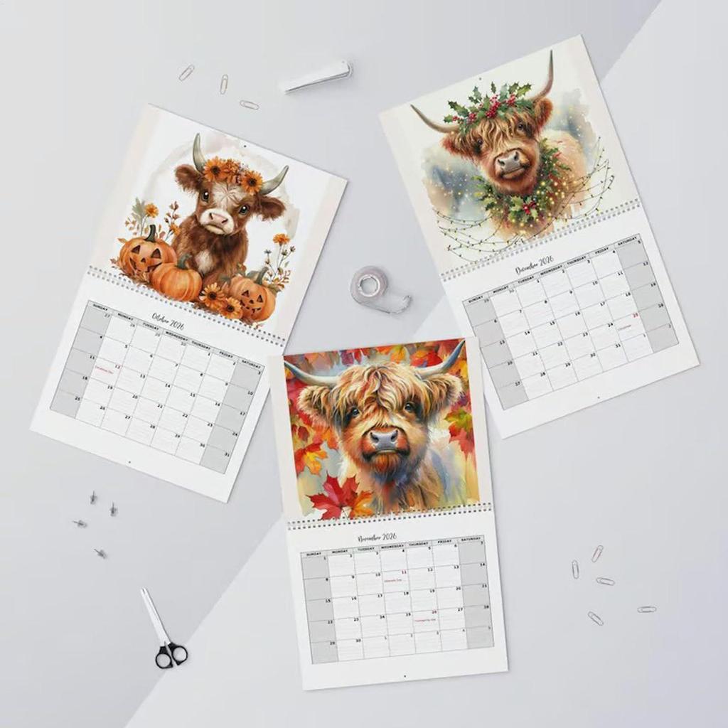 2026 Highland Cow Wall Calendar Funny Monthly Planner for Home Office Decor Student Teacher Gift Planning Schedule Organizer