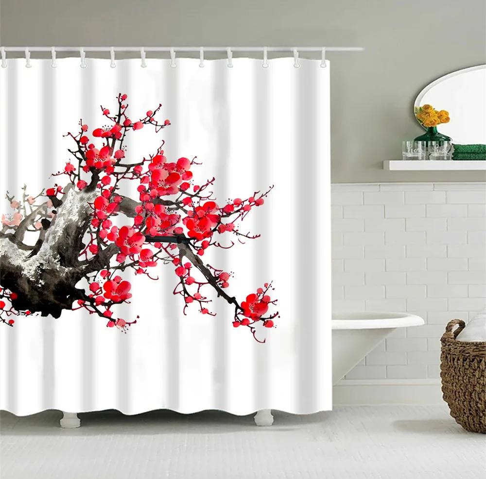 

Green Tropical Plant Shower Curtain Cherry Blossoms Bird Carp Polyester Waterproof Mildew Leaf Print Bathroom Curtains Sets W60H190(CM)-1 Pcs
