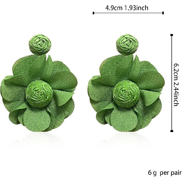 Rattan Earrings Summer Boho Handwoven Big Fabric Chiffon Rattan Flower Drop Earrings Statement Tropical Beach Vacation Jewelry
