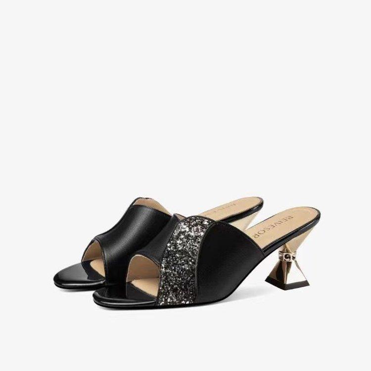 French Niche Thick-heeled Slippers Sandals Women's Versatile Temperament Rhinestone High-heeled Cool Slippers Women's Summer Wear One-word Drag Women