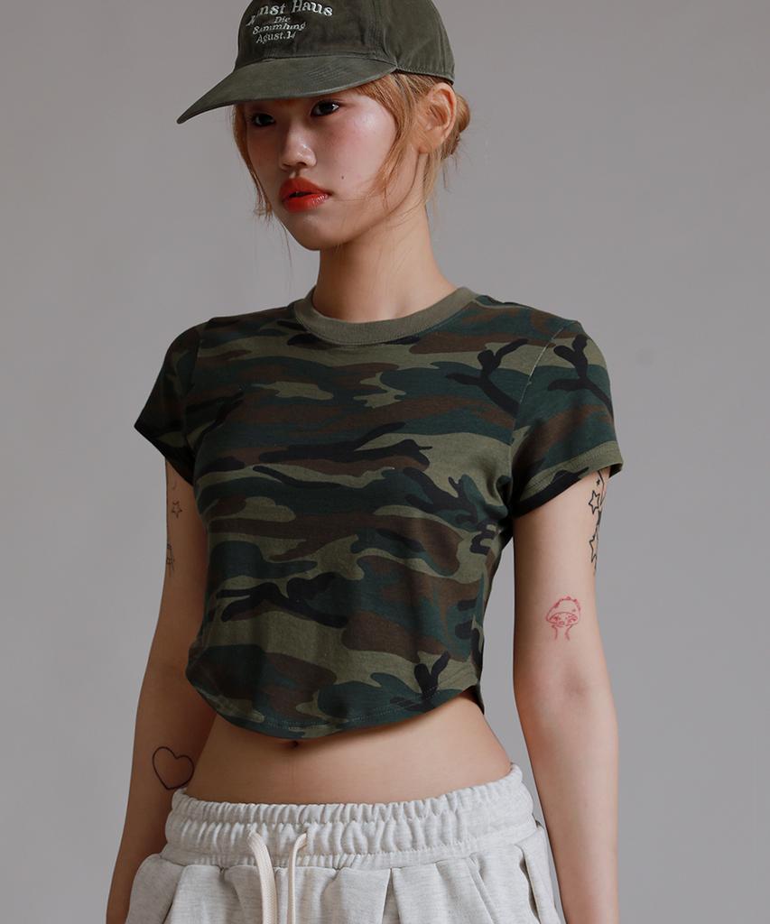 NAJBARDZIEJ Lubię Wojskowy Kamuflaż Okrągły Dekolt Krótki Pół-T-shirt_Khaki