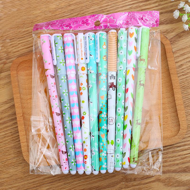 10-Piece Set of Fresh and Cute Neutral Water Pens - Colorful Floral Pattern In Pen Case