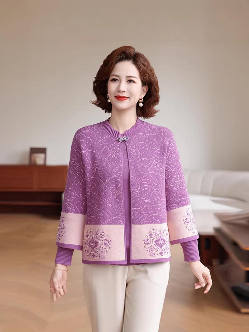 

2026 Stylish Winter Knit Cardigan Set for Middle-Aged & Elderly Women - Plus Velvet, Extra Thick Two-Piece Top L (105-120 jin) фиолетовый