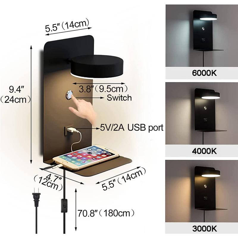 LED Wall Lamp With Switch And USB Charging Port Modern 9W Black White Aisle Bedroom Bedside Art Lighting Decoration Wall Lights