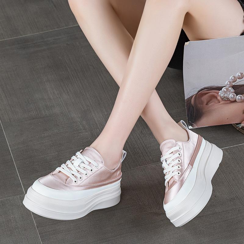 Thick-soled heightening satin board shoes women's spring new muffin versatile niche breathable casual sports little white shoes