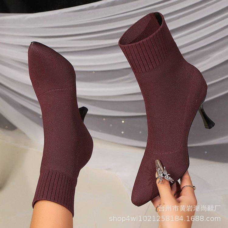 Mode Comemore Dam Elastiska Stövelstrumpor Höst Vinter Stilett Höga Klackar Stickade Ankelskor Dam Slip-On Spetsig Tå Klackade Botines