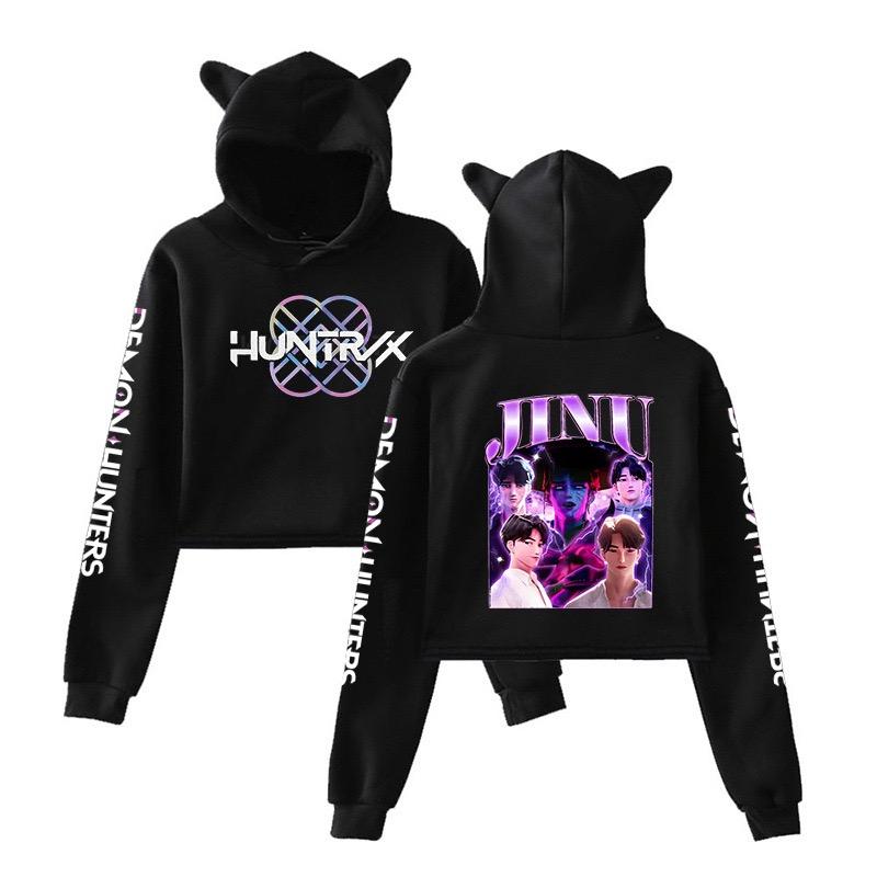 Kpop Demon Hunters Crop Tops Cat Ears Sweatshirt Long Sleeve Girls Fashion Hoodie Autumn Winter