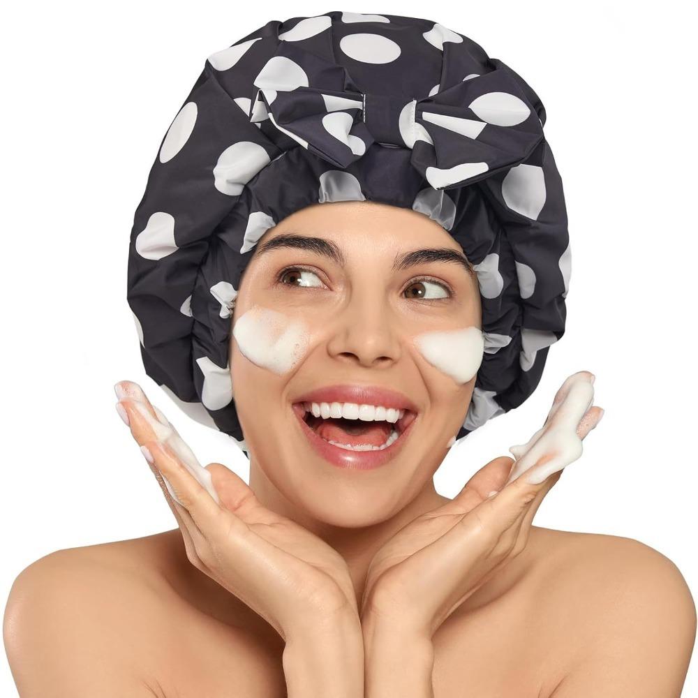 Polka Dots Double-layer Bath Cap Elastic Printed Bonnet Practical Shampoo Hat  Bathroom