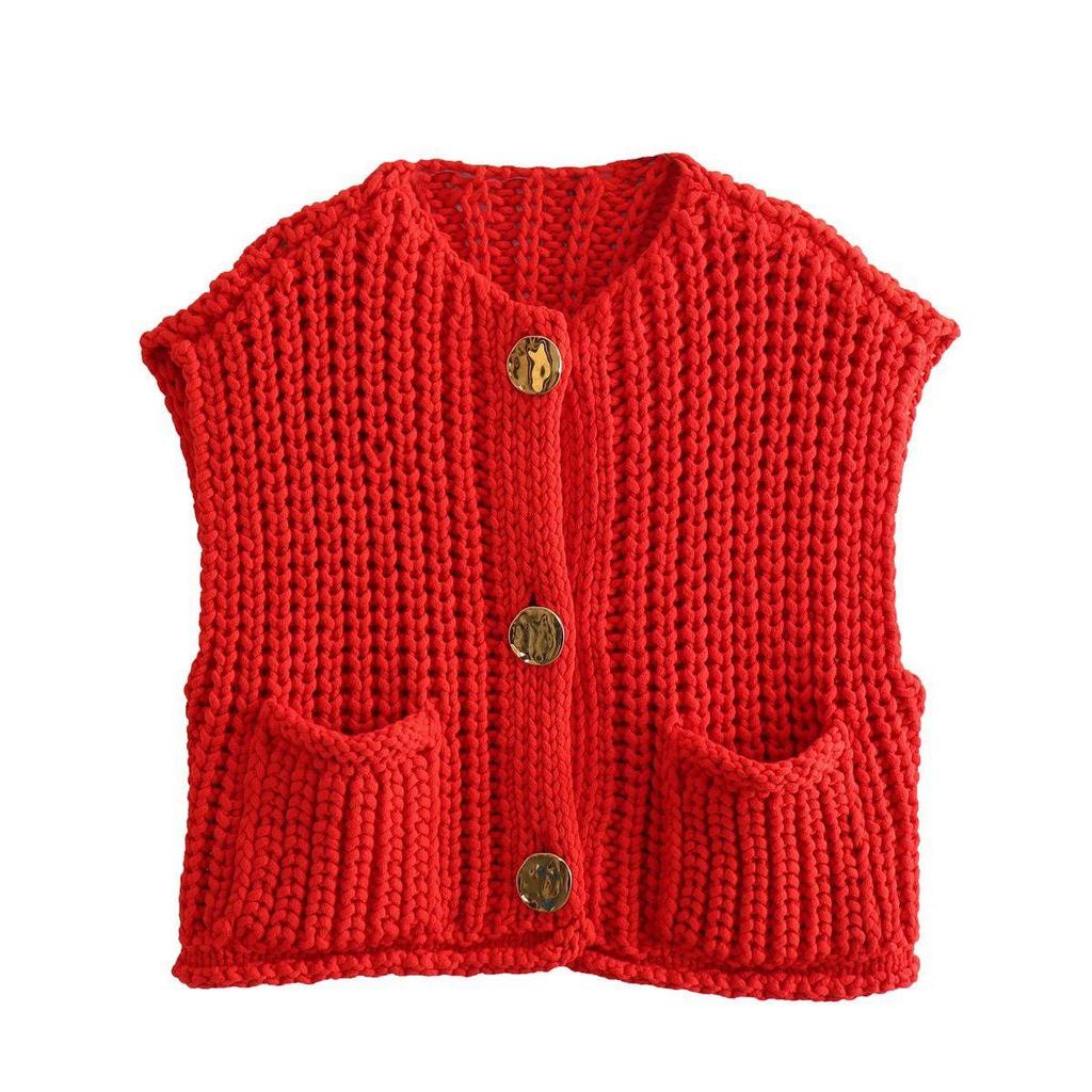 Women's V-Neck Chunky Knit Sleeveless Cardigan Vest - European & American Style, Autumn/Winter 2025