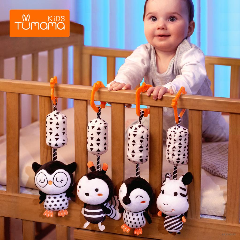 Newborn Visual Stimulation Black And White Baby Plush Animal Baby Toy, Cart Bed Bell/Wind Chime Pendant