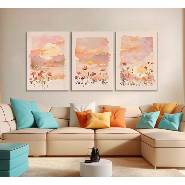 3 Pieces Sunrise Canvas Wall Art Blush Pink Wildflowers Floral and Orange Sunset Watercolor Landscape Paintings Pictures Wall Decor Poster Print