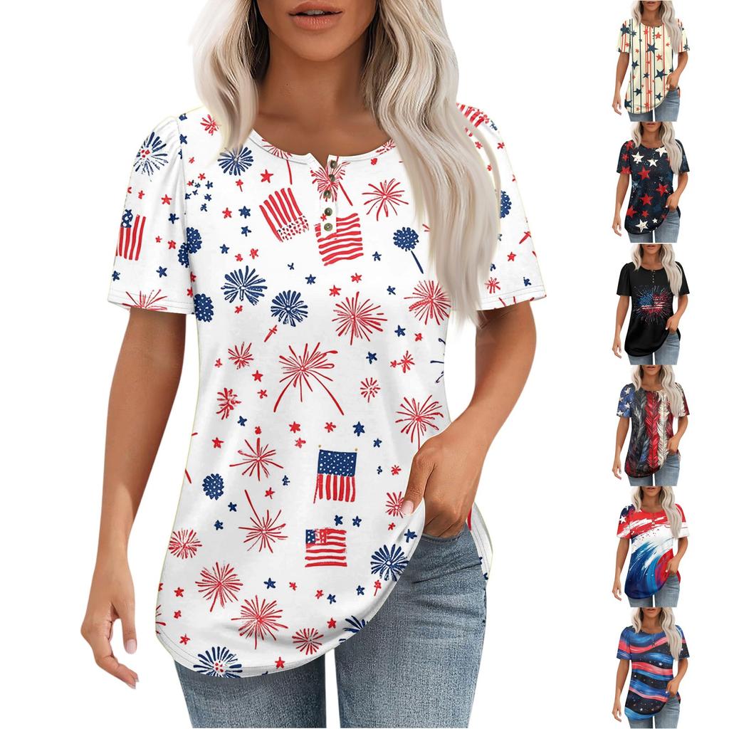 Modisches, lässiges Pullover-Oberteil mit kurzen Ärmeln und Knopfleiste und Rundhalsausschnitt für Damen