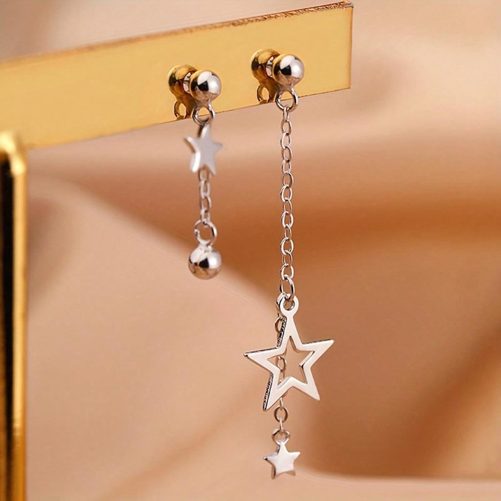 1 Pair of Star Shaped Pendant Chain Earrings, Asymmetrical Earrings, Pentagram Earrings, Exquisite Jewelry, Suitable for Daily Wear