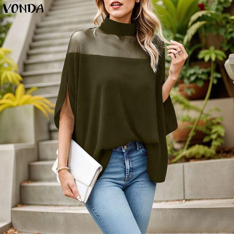 VONDA Women Stand Neck 3/4 Batwing Sleeve Mesh Patchwork Velvet Loose Long Tunic Blouse