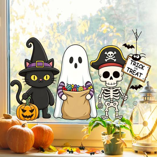 Static Glass Sticker, No Residue Reusable Window Clings, Festive Glass Decal with Halloween Dwarf Wizards Black Cats Ghosts Skeletons Pattern