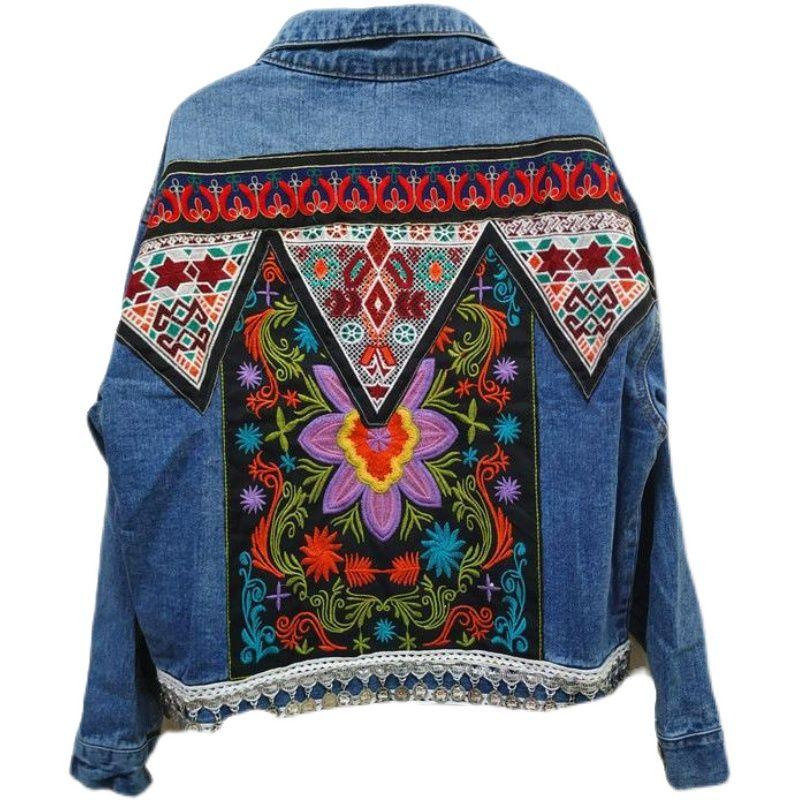 FindIt Bohemia Retro Embroider Three-Dimensional Decoration Denim Outwear Long Sleeve Lapel Top Fashion New Arrival