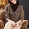 Women Vintage Splicing Panelled Sweaters Autumn Winter Fashion Mock Neck Long Sleeve Casual Slim Knitted Pullovers