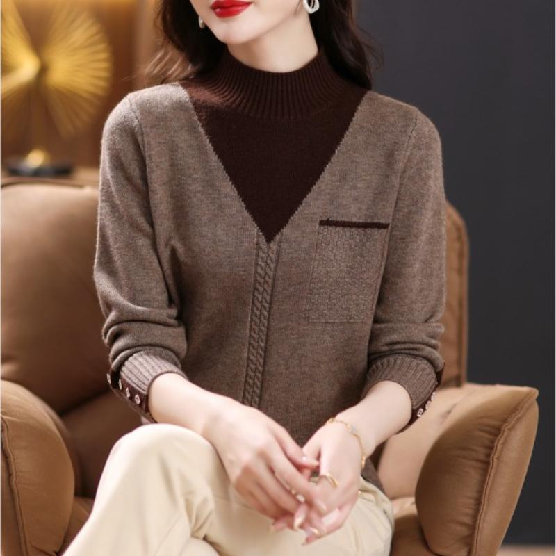 Women Vintage Splicing Panelled Sweaters Autumn Winter Fashion Mock Neck Long Sleeve Casual Slim Knitted Pullovers