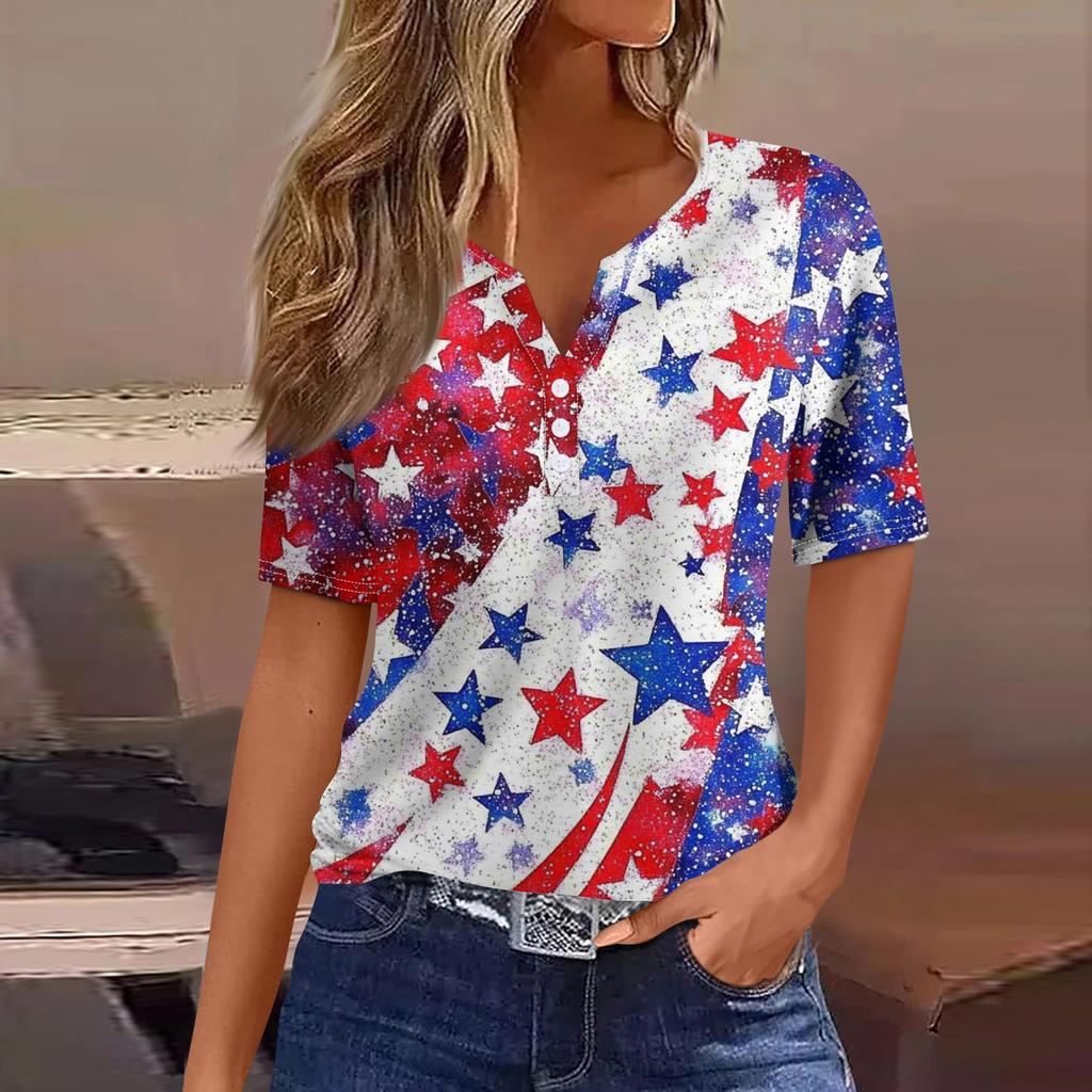 T-skjorte for kvinner med kortermet knapp med kortermet t-skjorte daglig helgmote Basic V-hals vanlig topp