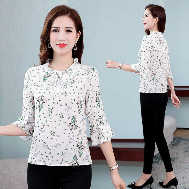 

Summer New Fashion Fragmented Chiffon Shirt Women s Print Half Sleeve Top Bow Ruffles Bottoming Blouse M-5XL 4XL белый