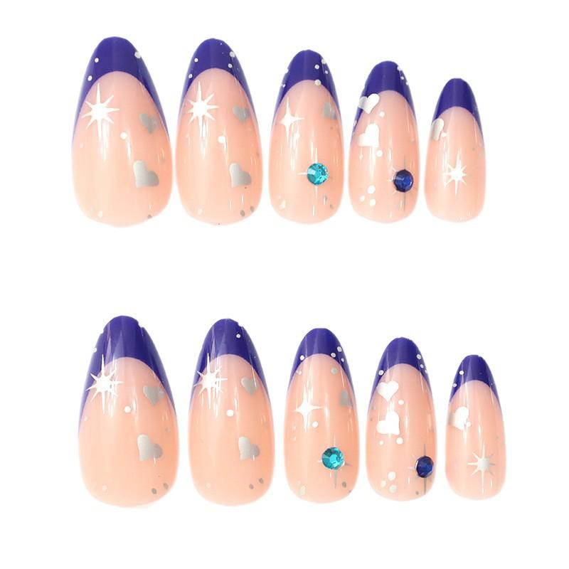 New 24 Nail Art Dream Stars Sparkling Diamonds Love Blue French Long Almonds Wear Nail