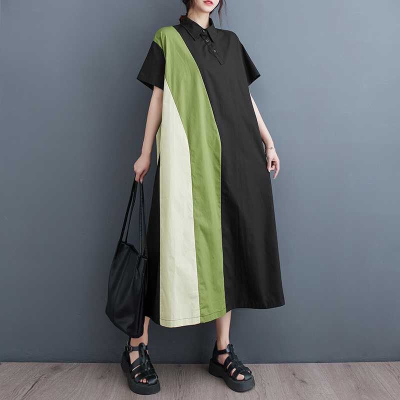 Loose Patchwork Casual Simple Commuting Sweet Short Sleeved Dress