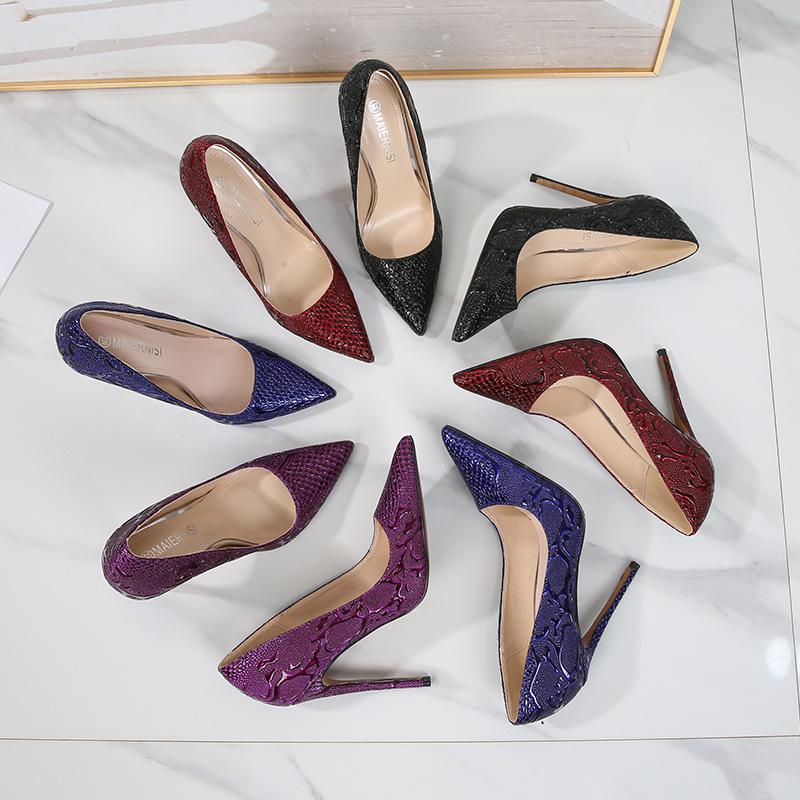 Elegant Nightclub Slim Heels Super High Heels Shallow Mouth High Heels Large Size Embossed Embossed Snake Pattern Single Shoes