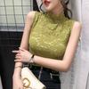 Women Korean Lace Hollow Out Turtleneck Sleeveless Slim T-shirt Vest