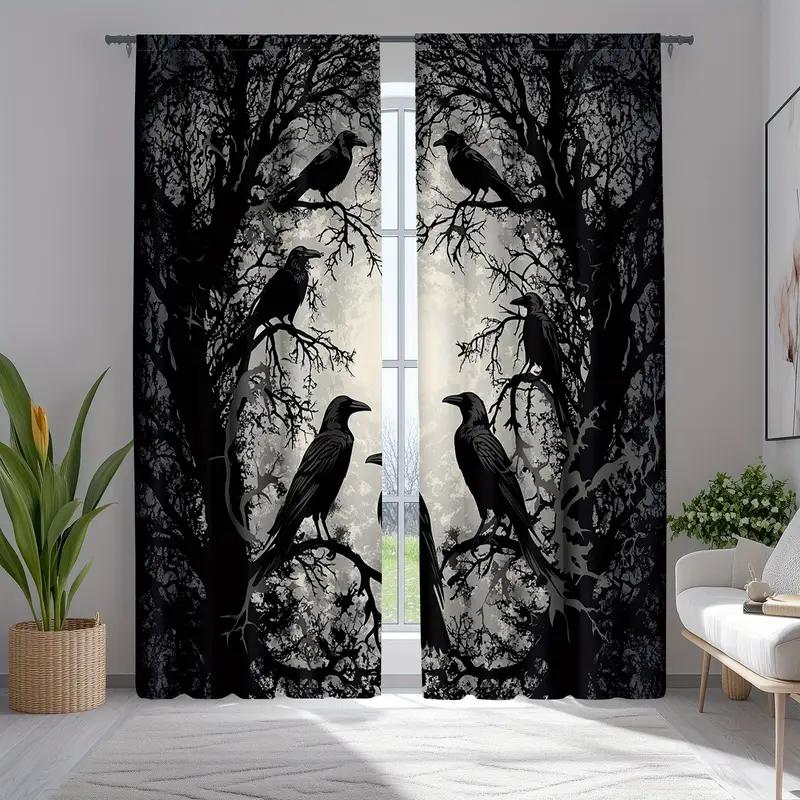 2pcs Gothic Raven Pattern Curtains   Blackout Rod Pocket Window Drapes  Halloween Decor   Home Decor