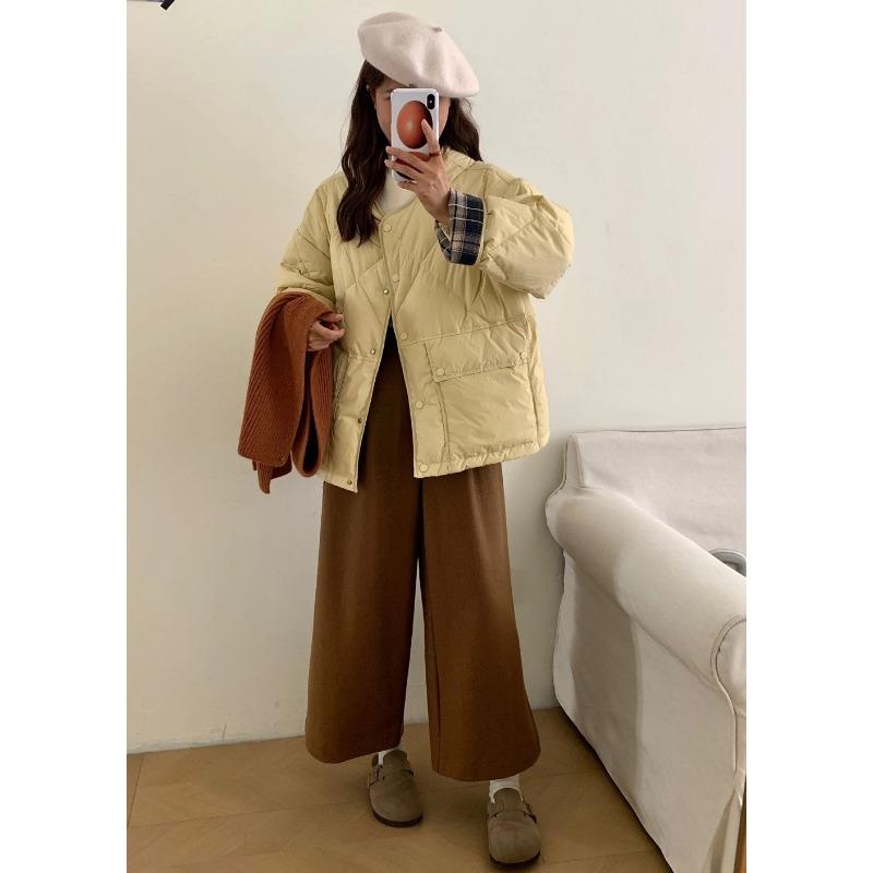 Crew neck sleeves plaid splicing down jacket women's light and thin short diamond small loose white duck down jacket