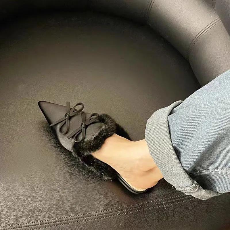 Fashion Bow Suede Women Flats Fur Slipper Pointed Toe Mules Shoes Winter New 2025 Trend Sexy Elegant Flip Flops Dress Slingback Zapatos