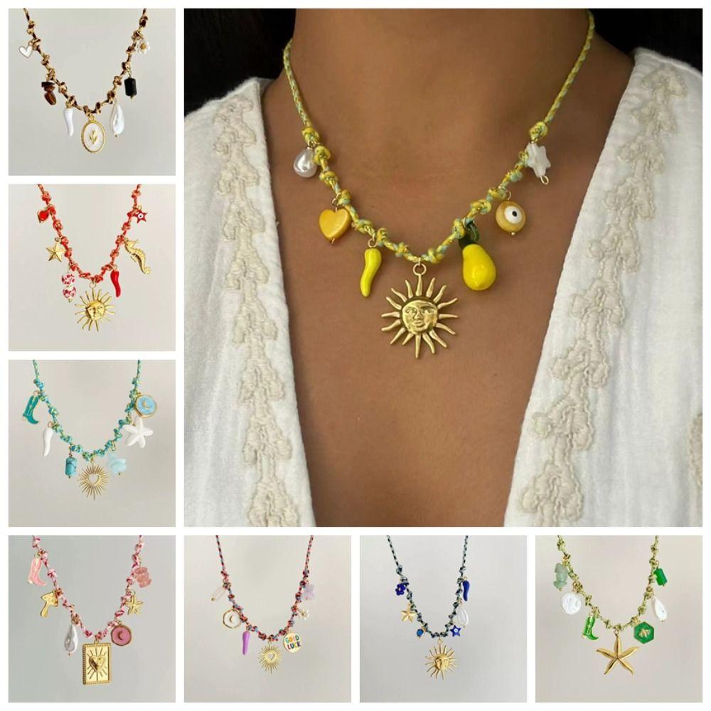 Pearl Accent DIY Knotting Rope Chain Colorful Turtle Pendant Necklace Gold-Plated Necklace Summer