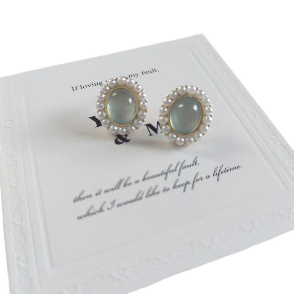 Ballet Manor: French Romantic Blue Cat's Eye Stone Pearl Stud Earrings