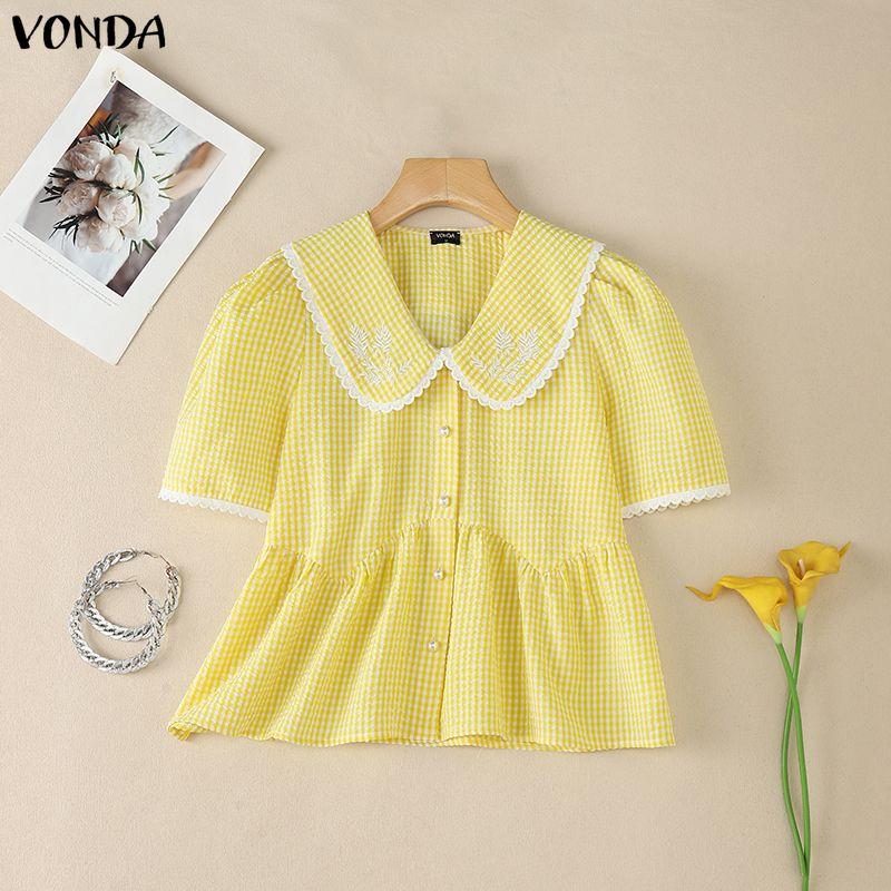 VONDA Summer Women Doll Collar Short Sleeve Plaid Print Casual Blouse Tops S